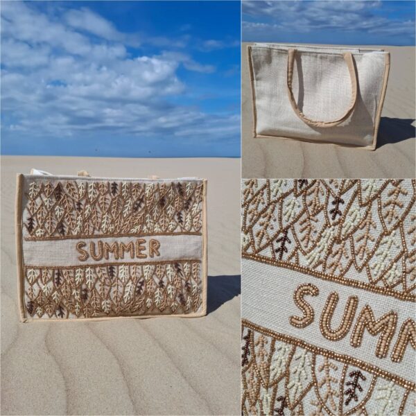 Sac de plage beige détails perlés