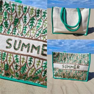 Sac de plage vert détails perlés