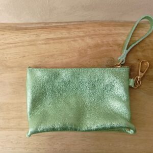 Trousse cuir brillante vert d'eau avec fermeture éclair