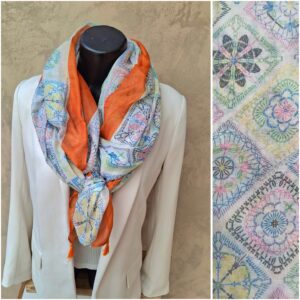 Foulard rectangle orange motifs style mandalas