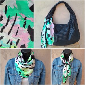 Foulard carré effet soie vert et noir tacheté