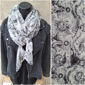Foulard rectangle motifs végétaux et astronomiques noirs