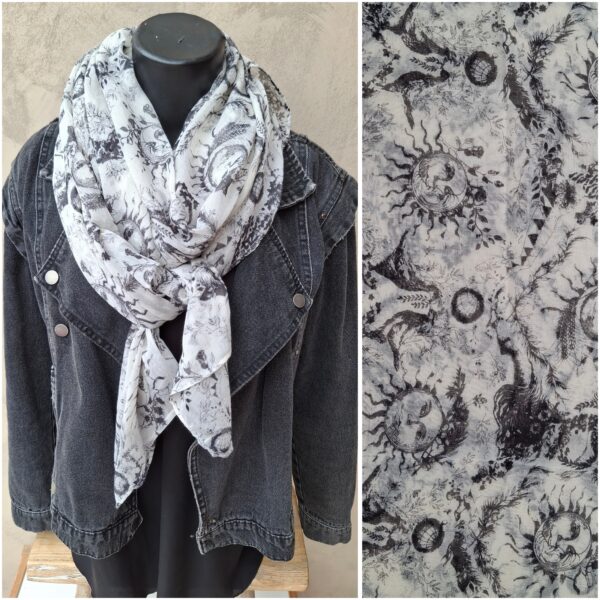 Foulard rectangle motifs végétaux et astronomiques noirs