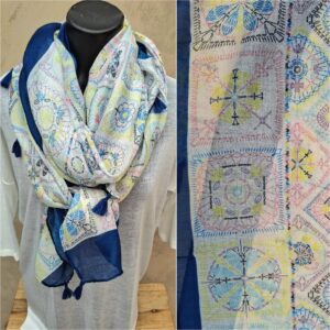 Foulard rectangle bleu motifs style mandalas