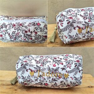 Trousse matelassée blanche imprimés fleurs et oiseaux