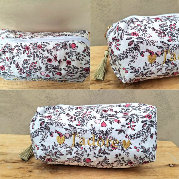 Trousse matelassée blanche imprimés fleurs et oiseaux