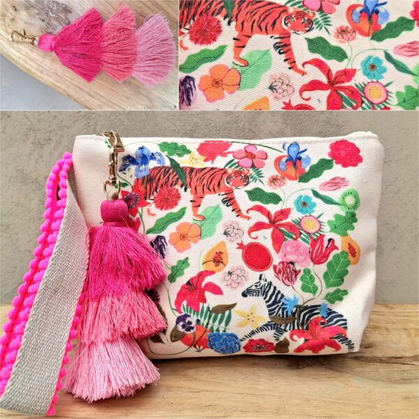 Trousse fuchsia imprimés jungle avec porte-clé