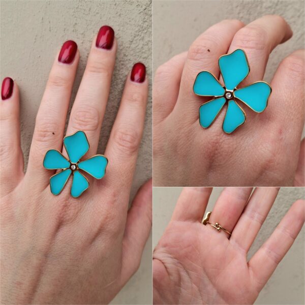 Bague acier inoxydable avec fleur turquoise