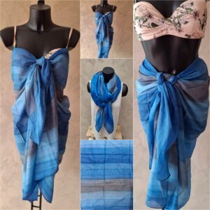 Foulard rectangle 100% coton rayé dégradé bleu et gris
