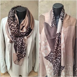 Foulard rectangle beige motifs géométriques et animaliers