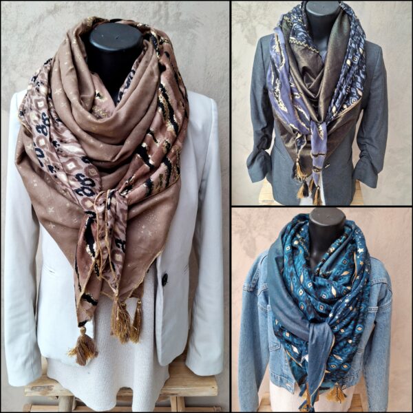 Foulard quatre tissus avec dorures et tissu brillant