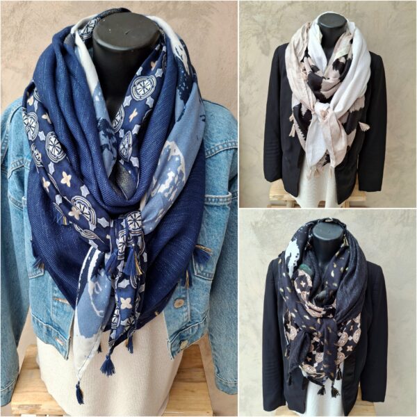 Foulard carré quatre tissus avec un tissu légèrement brillant