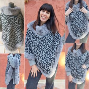 Poncho gris léopard et fourrure