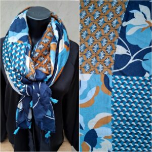 Foulard rectangle bleu et jaune quatre motifs