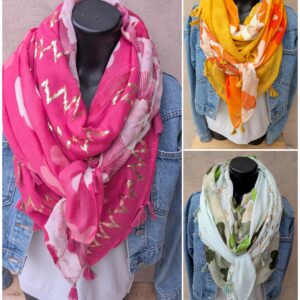 Foulard carré 4 tissus fleurs et dorures