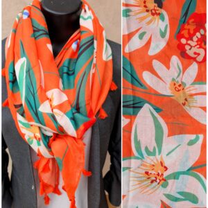 Foulard rectangle orange imprimés végétaux
