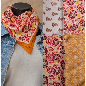 Foulard carré effet soie. 70 cm x 70cm  Motifs floraux orange, jaune et rouge. Peut se porter au cou, sur un sac, à la taille, dans les cheveux,...