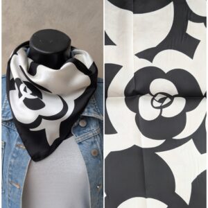 Foulard carré imprimés graphiques noirs et blancs 70cm x 70cm Effet soie 