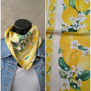 Foulard carré imprimés citrons et fleurs 70cm x 70cm Effet soie 