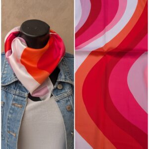 Foulard carré imprimés graphiques roses et rouges 70cm x 70cm Effet soie 
