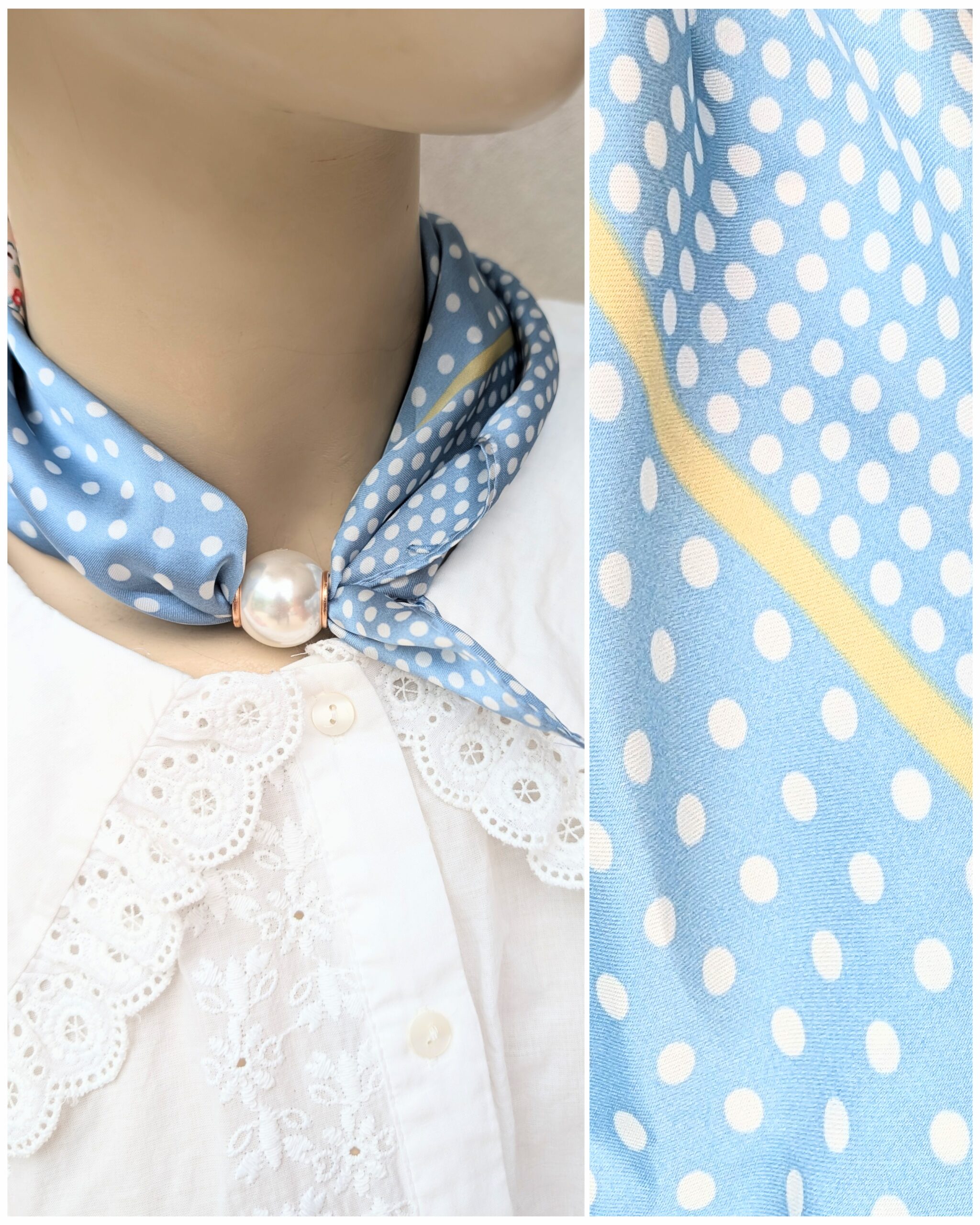 Foulard "Rétro Poésie" – Bleu Ciel à Pois et Attache Aimantée