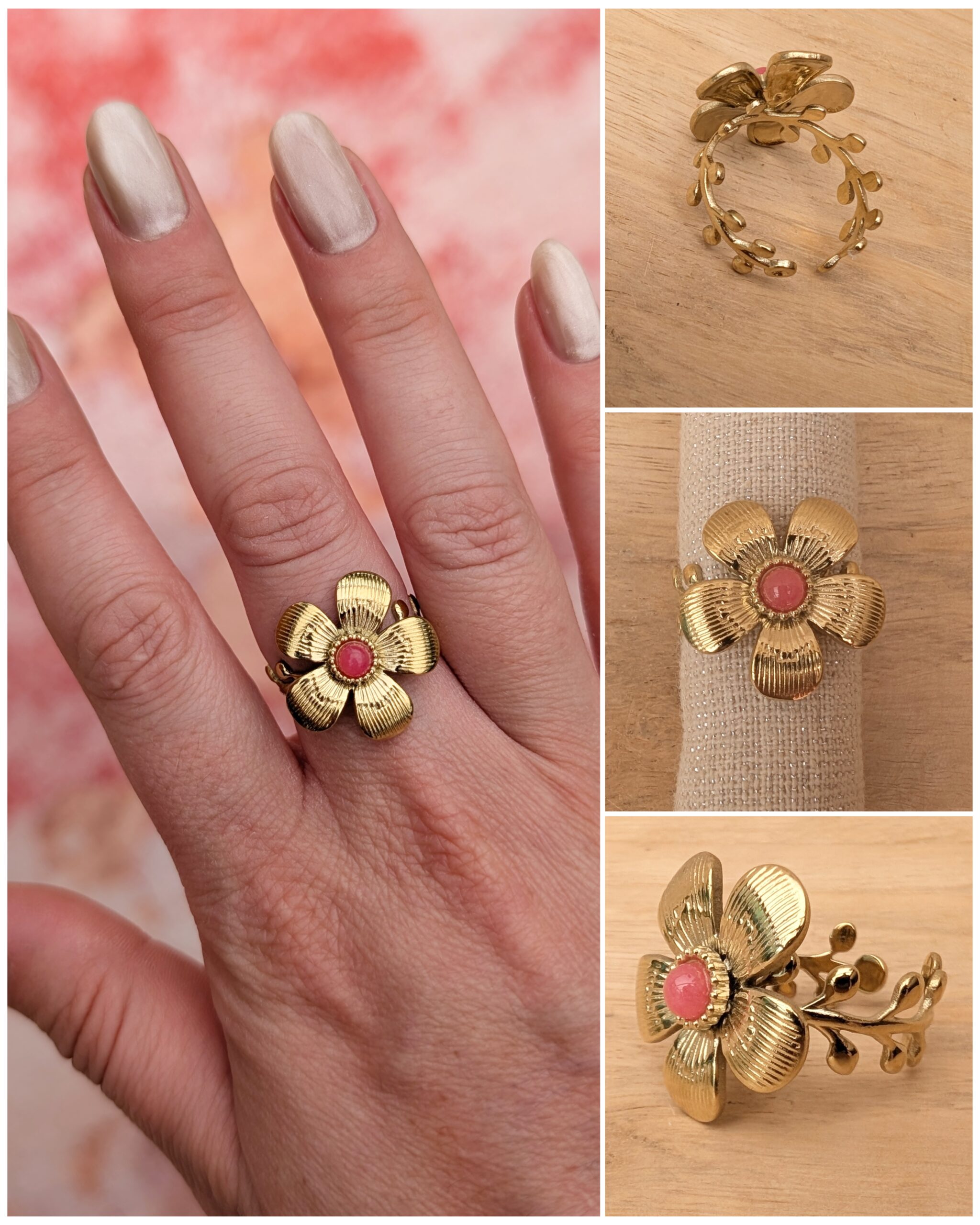 Bague "Blossom Corail" – Dorée et Perlée