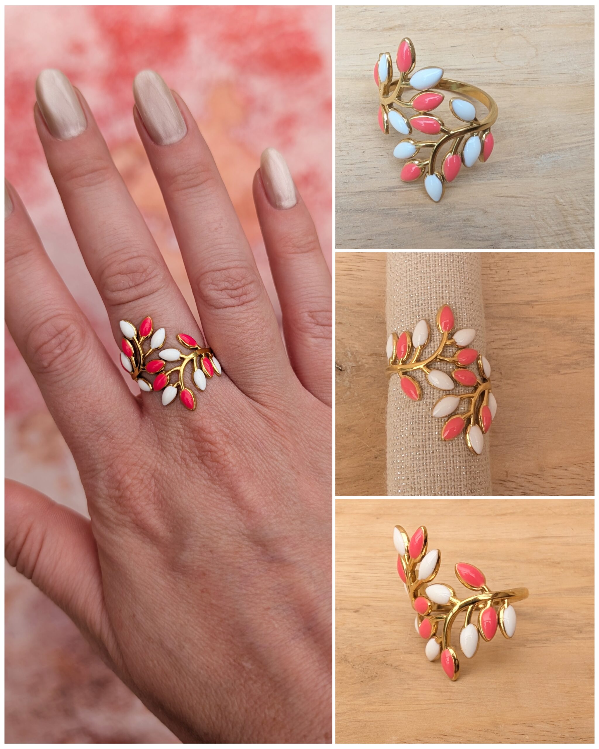 Bague "Feuillage Pastel" – Dorée et Émaillée Duo
